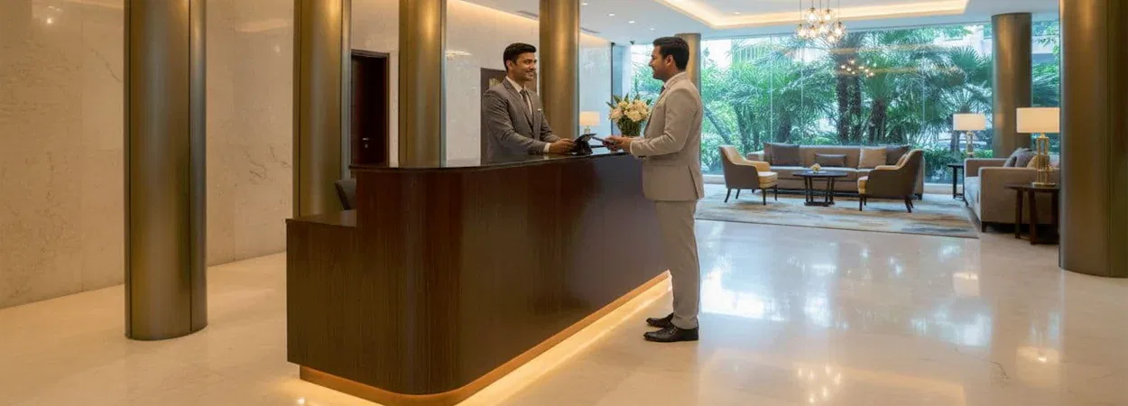 Elegant modern Park Prime hotel lobby in Kolkata